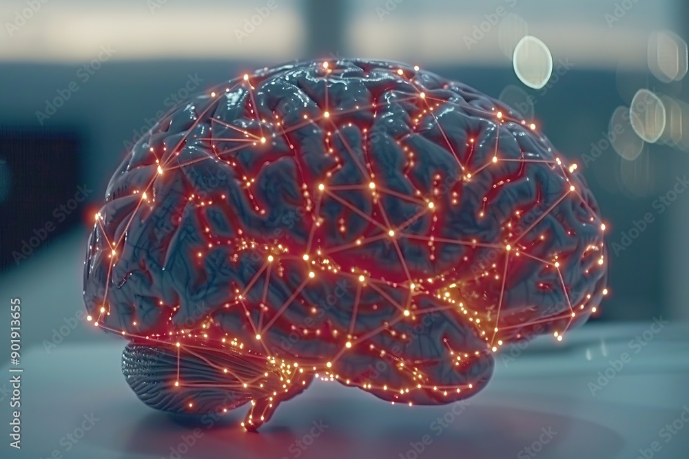 Aufkleber futuristic brain illustration with red glowing connections on a dark background symbolizing advanced