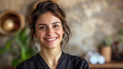 Smiling woman posing cheerfully in cozy massage salon during daylight hours