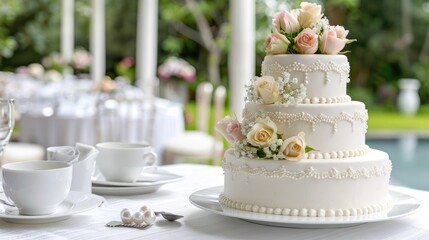 A beautifully decorated three-tiered wedding cake adorned with pearls and a floral accent, set outdoors in a serene garden