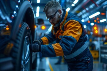photo of a professional tire technician changing wheels at an auto workshop.