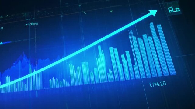 A blue digital stock chart shows an upward trend, indicating growth and positive performance.