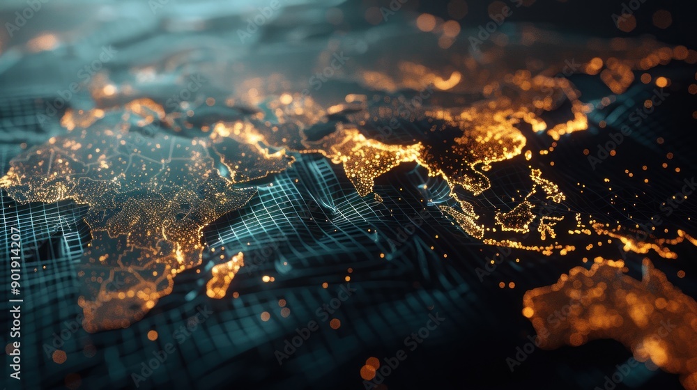 Poster world map view highlighted with bright network connection lines representing communication or travel paths