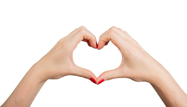 Hands forming a heart shape, symbolizing love and care. Isolated on a white background, with closeup of fingers showing a romantic gesture. Elegant woman’s hands with red manicure,
