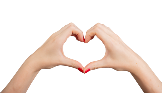 Hands forming a heart shape, symbolizing love and care. Isolated on a white background, with closeup of fingers showing a romantic gesture. Elegant woman’s hands with red manicure,