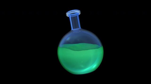 Chemistry boiling glass flask with an emissive green liquid in a loop animation with transparency
