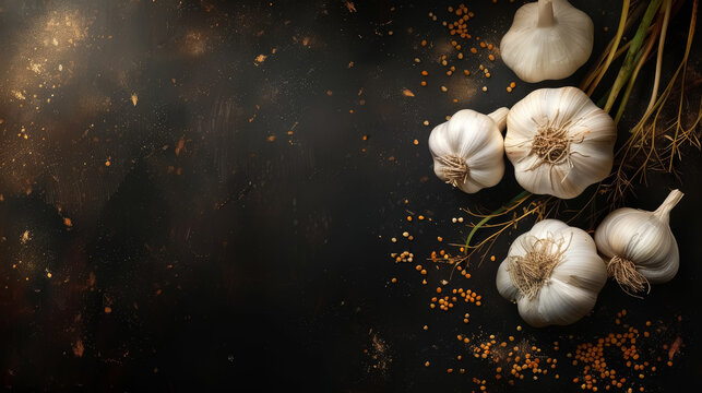 fresh organic garlic bulbs with mustard seeds on dark rustic background