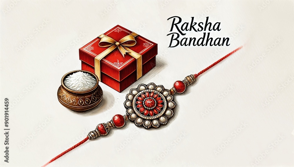 Sticker Watercolor illustration for raksha bandhan with a gift box and rakhi. 