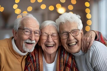 group of happy seniors laughing and celebrating together in their retirement home.