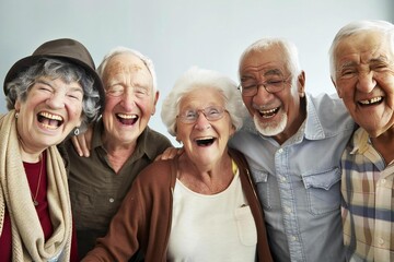group of happy seniors laughing and celebrating together in their retirement home.
