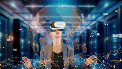 Woman looking around analyzed world circle finance data graph by VR global market interface digital infographic network technology virtual 3d animation cyberspace meta innovation server. Contraption.