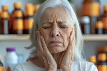 senior woman with a migraine managing her discomfort using holistic remedies like essential oils and acupuncture.