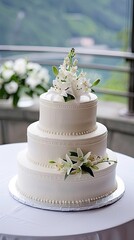 Fototapeta premium A beautifully decorated three-tiered wedding cake adorned with pearls and a floral accent, set outdoors in a serene garden