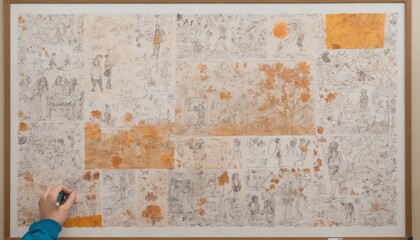 Intricate collage of life's moments captured through artistic doodling in warm autumn light