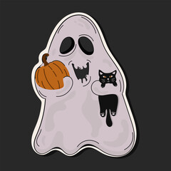 A sticker of a funny ghost with a pumpkin and a black cat in his hands in the flat style.