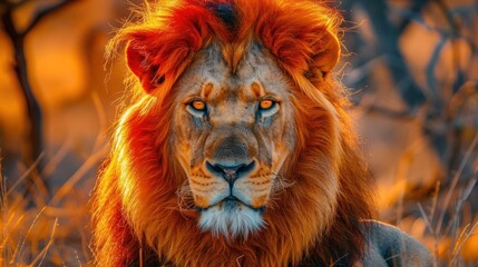 A lion with red and orange mane. The lion's face is looking at the camera. The image has a bold and spirited feel.