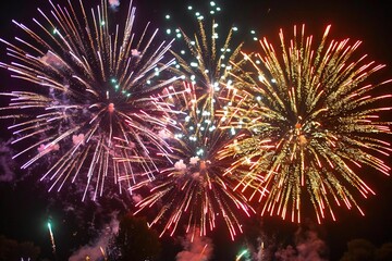 close-up shot capturing the brilliant colors and patterns of a vibrant firework display illuminating the night sky during a Happy New Year 2024 celebration.