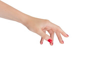 Hand with a bent index finger, pointing and clicking an invisible button. Isolated on a white...