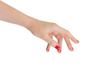 Hand with a bent index finger, pointing and clicking an invisible button. Isolated on a white background, closeup of a womans hand with red manicure and elegant polish. The design
