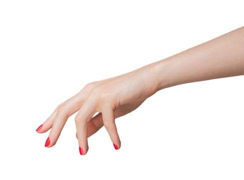 Hand with a bent finger, pointing and gesturing as if clicking an invisible button. Isolated on a white background, with closeup of a womans hand featuring red manicure and elegant