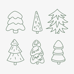 Christmas trees doodle set. Sketch for kid coloring book. Vector illustration