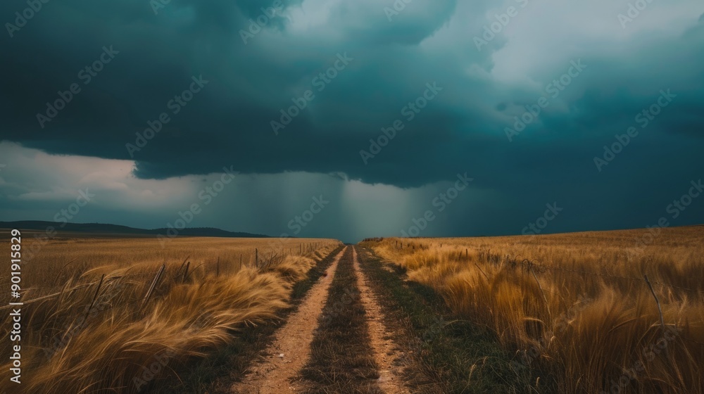 Poster a road in a field with a storm in the distance