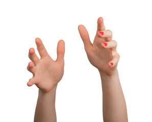 hand reaching forward, with a graceful and deliberate gesture. The hand, isolated on a white...