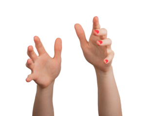 hand reaching forward, with a graceful and deliberate gesture. The hand, isolated on a white background, is stretched out with the fingers spread, as if inviting or asking to take