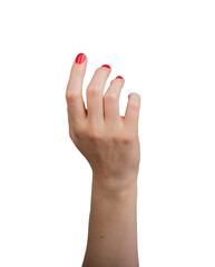 Hand in a touching gesture, isolated on a white background, with outstretched fingers ready to tap or click on an invisible object. Elegant design featuring beautiful red manicure