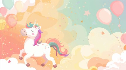 Template with a cute magical unicorn on a colorful background with balloons. Children's birthday party invitation. Flat illustration. . Horizontal banner. Free space for text. Holiday concept