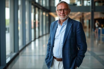confident middle-aged businessman standing in a sleek office, exuding professionalism and success.