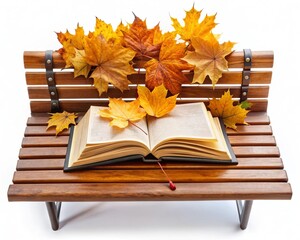 A bench with a book open and leaves on it