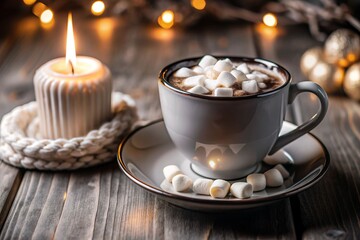 A mug of hot chocolate with marshmallows on top sits on a wooden table next to a
