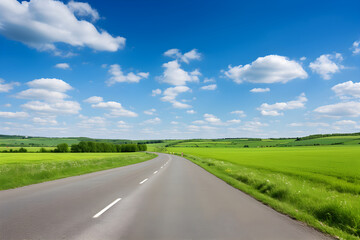 A Lone Achingly Empty Tarmac Road Cutting Through Vast Countryside Fields Under Clear Blue Sky: A Visual Metaphor for Solitude and Tranquillity