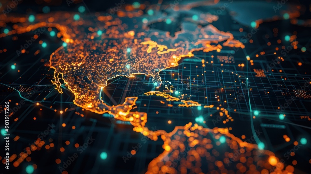 Poster world map view highlighted with bright network connection lines representing communication or travel
