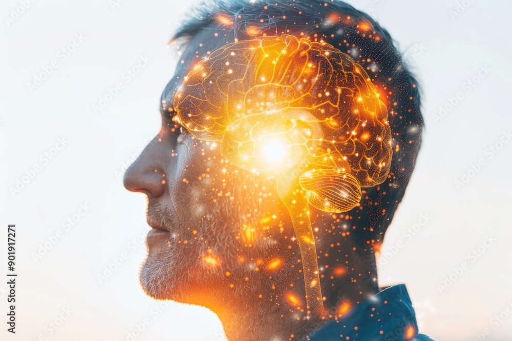 Poster artistic profile of a man with golden glowing connections symbolizing advanced intelligence and tech