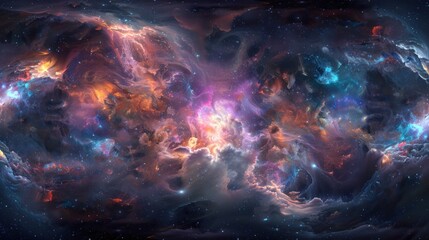 Cosmic Abstract Background. Brightly Colored Nebulae, Swirling Clouds of Gas and Dust, and Sparkling Stars