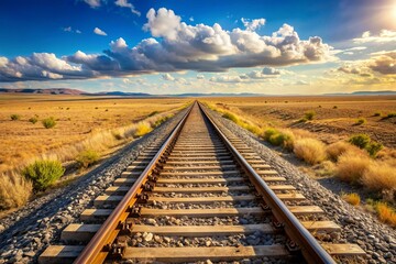Fototapeta premium A train track in the desert with a beautiful sunset in the background