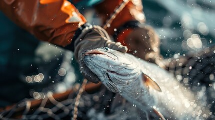 Close-up of gloved hands holding a freshly caught fish above a fishing net, with water droplets and sunlight reflecting, symbolizing the fruits of labor and nature's bounty.