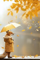 Fox in Yellow Raincoat Holding Umbrella on a Rainy Autumn Day Near a Lake