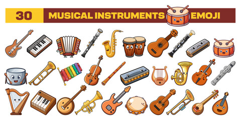 Set of vector Musical Instruments emoji, clipart, or icon. Cartoon style different all Musical Instruments emojis in one icon bundle