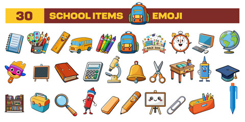 Set of vector School Items emoji, clipart, or icon. Cartoon style different all School Items emojis in one icon bundle