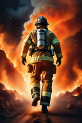 Fototapeta premium Rear view of firefighter against in fiery fire, massive blaze, fire flame at night.