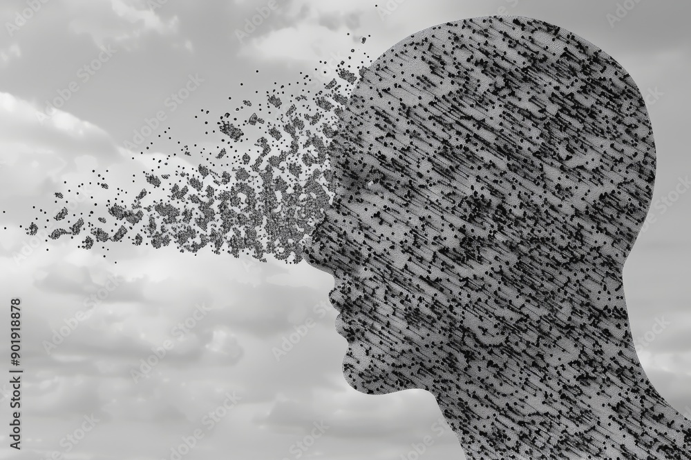 Poster abstract head illustration with dissolving particles symbolizing technology and digital transformati