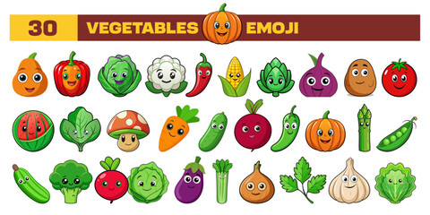 Set of vector Vegetables emoji, clipart, or icon. Cartoon style different all Vegetables emojis in one icon bundle