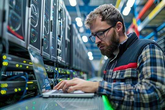data center specialist working on a laptop in a futuristic warehouse setting, surrounded by servers and advanced technology.