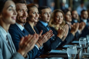 group of corporate team members applauding during a business meeting, showcasing teamwork and collaboration.