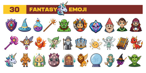 Set of vector Fantasy emoji, clipart, or icon. Cartoon style different all Fantasy emojis in one icon bundle