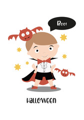 Halloween cards with boy in carnival dracula costume for halloween party. Vector illustration with Halloween kids