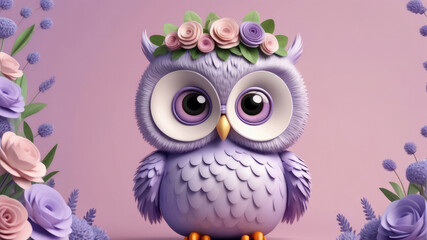 Obraz premium Funny card with cute owl in a floral crown made of flowers on pastel lavender background.
