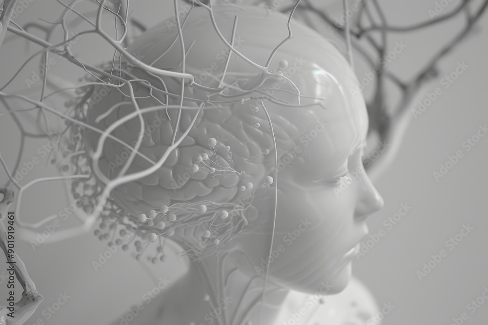 Poster monochrome head with neural connections representing advanced technology and digital connectivity in